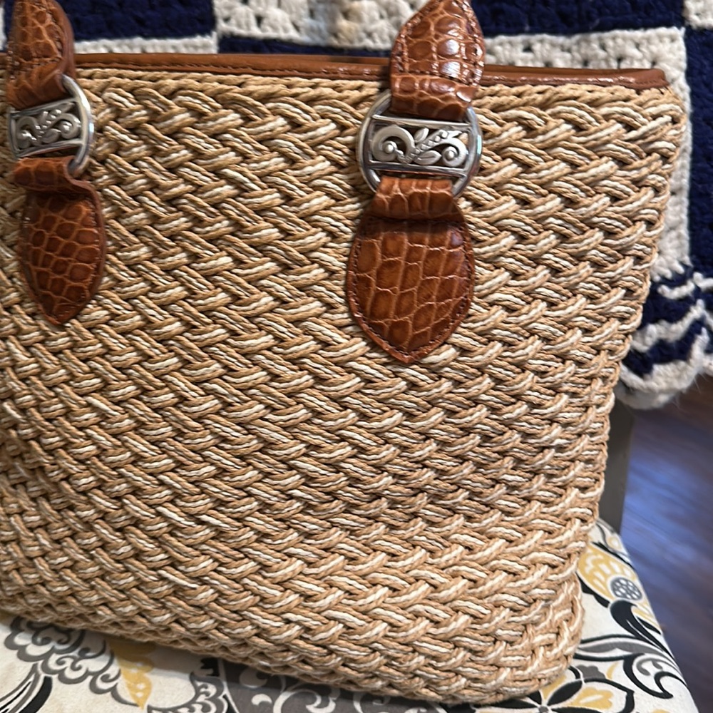 Brighton Woven Straw Shoulder Bag with Brown Leather Trim - Picture 3 of 14